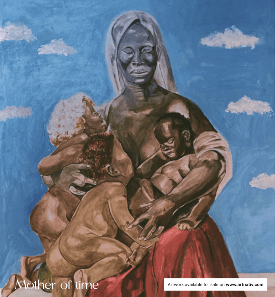 African artwork named "Mother Of Time" Mother of Time is a symbolic work that captures the eternal flow of existence and the nurturing force behind it. Suitable for home décor, interior styling, gifting, personal expression, milestone moments, office spaces, cultural appreciation, and building lasting art collections