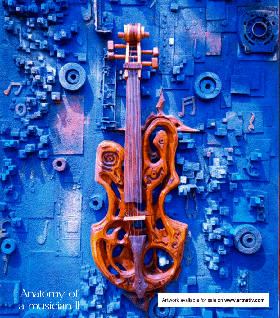 African artwork named "Anatomy of a musician II". This artwork is a mixed media relief hybrid sculpture, incorporating wooden cubes, music symbols, and electronic components. The dominant color is blue, accented with copper, gold, and silver, suitable for home décor, interior styling, gifting, personal expression, milestone moments, office spaces, cultural appreciation, and building lasting art collections.