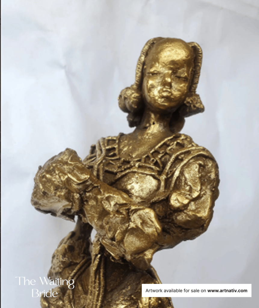 African Art Sculpture named "The Waiting Bride", The Waiting Bride honors the Efik maiden's tradition as she prepares for marriage. This bronze figure, inspired by the cultural practice of the fattening room, stands with poise and elegance, embodying beauty and heritage.Suitable for home décor, interior styling, gifting, personal expression, milestone moments, office spaces, cultural appreciation, and building lasting art collections.