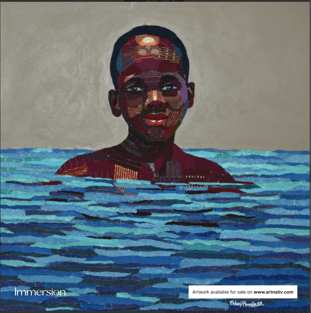 African artwork named "Immersion"  Immersion captures a moment of calm reflection and renewal. Crafted with layers of aso-òkè, the artwork portrays a young boy partly submerged in water, symbolizing cleansing, growth, and rebirth. Suitable for home décor, interior styling, gifting, personal expression, milestone moments, office spaces, cultural appreciation, and building lasting art collections.