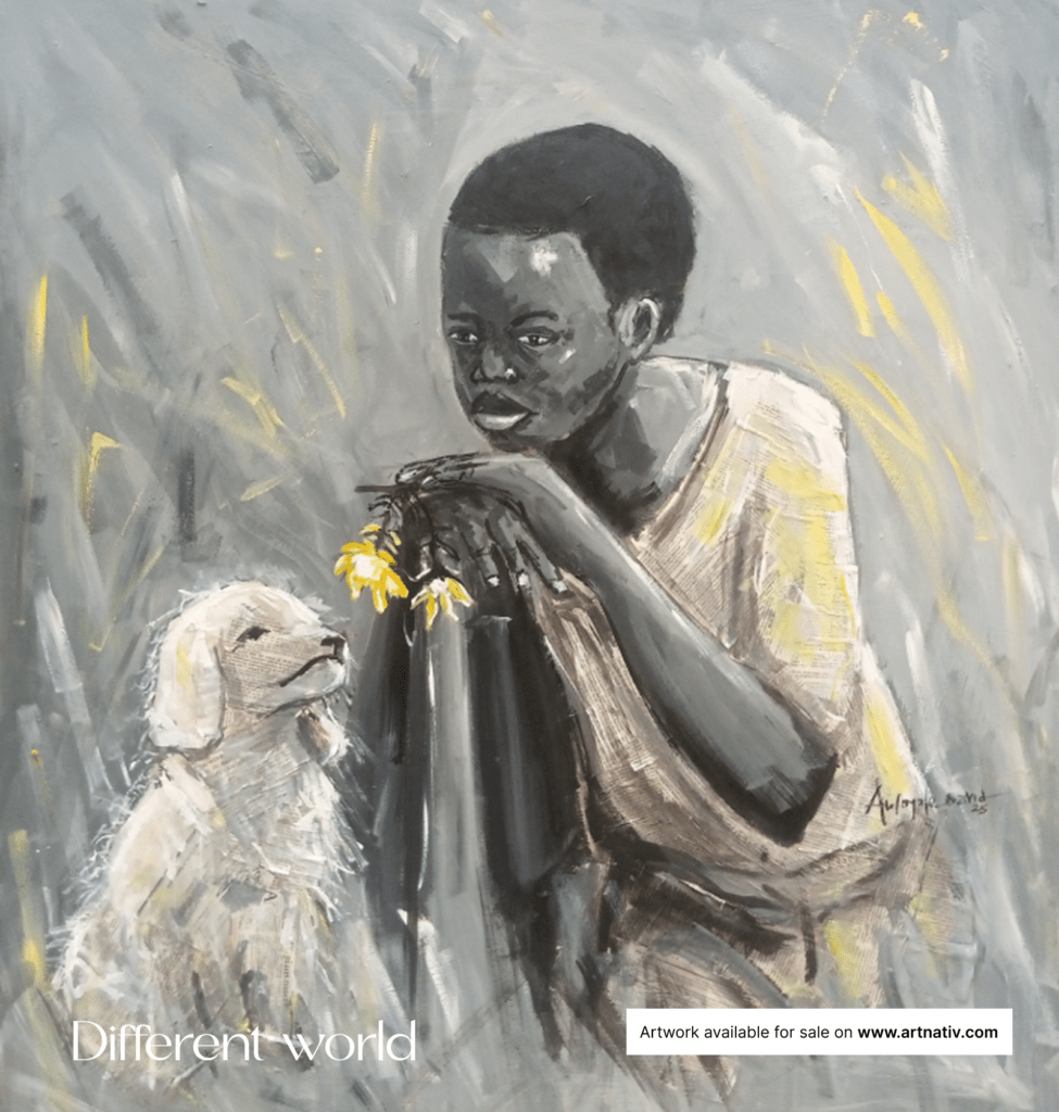 African artwork named "Different World"  explores the paradox of isolation and connection. Through my art, I examine the tension between the desire for companionship and the need for introspection. Suitable for home décor, interior styling, gifting, personal expression, milestone moments, office spaces, cultural appreciation, and building lasting art collections.