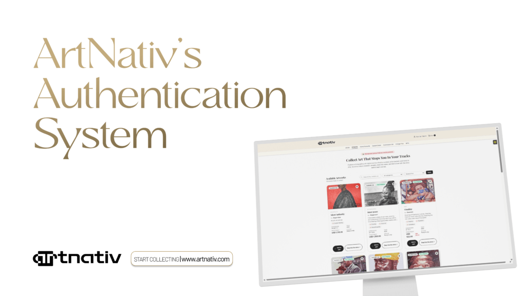A screen showing an online platform authentication system for discovering, buying, and collecting original artwork for home décor, gifting, and personal spaces.