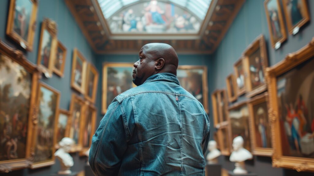 A man in a art gallery, Appreciating artwork collections