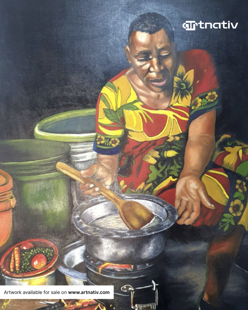 Traditional African kitchen scene painting home wall art cultural interior decor Nigerian heritage