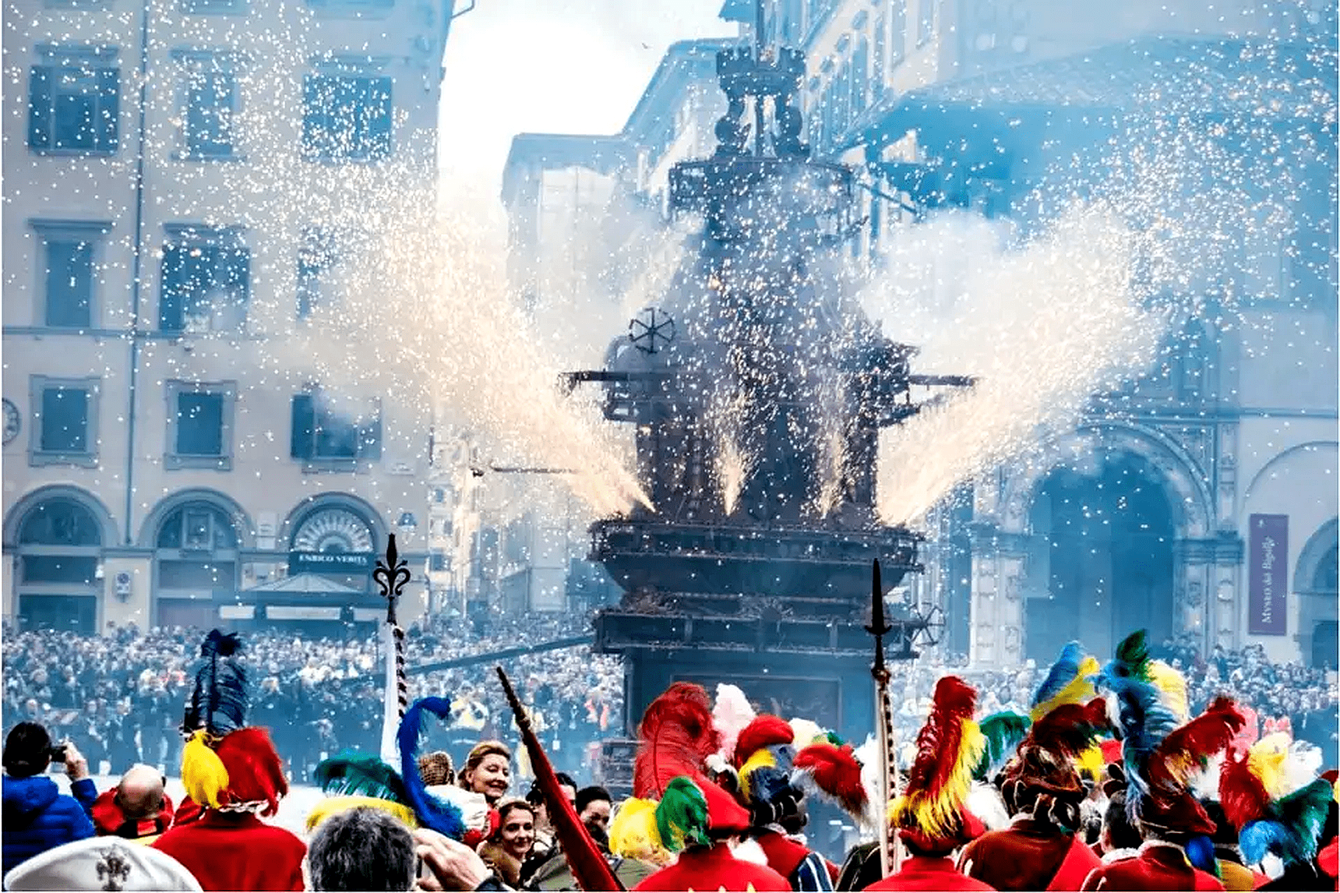 Milan Italy Easter celebration at the historic Arco della Pace arch with spectacular fireworks display, golden pyrotechnics, glowing light sculpture, and festive crowd — how Italians celebrate faith, community, and cultural traditions during the Easter holiday season