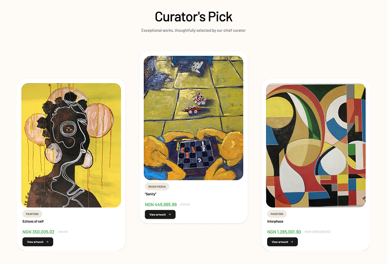 A “Curator’s Pick” art feature displaying three selected artworks in a gallery-style layout, including a portrait, a mixed-media painting, and a colorful abstract geometric composition.