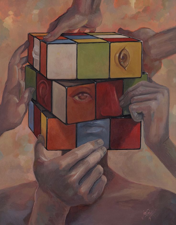 A colorful abstract painting of a person’s face obscured by stacked geometric blocks, with visible eyes, nose, and hands reaching around the blocks.
