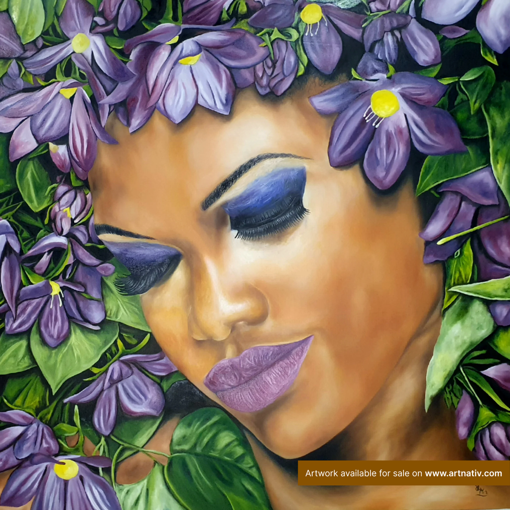 Colorful portrait of a woman with closed eyes, framed by purple flowers and green leaves, with blue eyeshadow and purple lipstick.