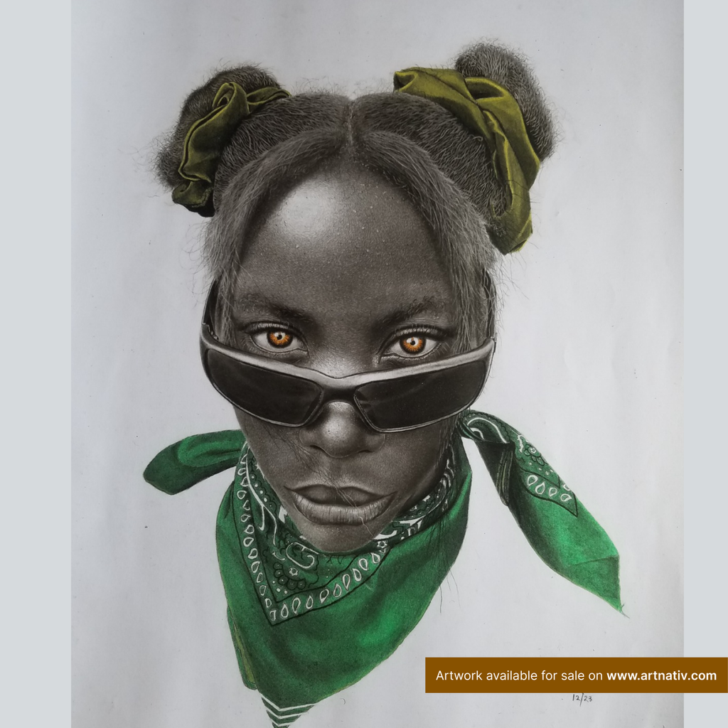 Portrait drawing of a Black woman wearing sunglasses and a green bandana, with her hair styled in two buns.