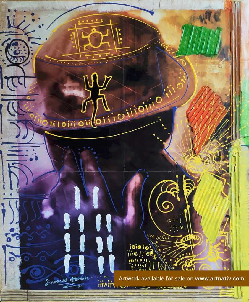 Colorful contemporary artwork depicting a dark-skinned figure surrounded by abstract symbols, patterns, and vibrant yellow, blue, green, and orange elements.