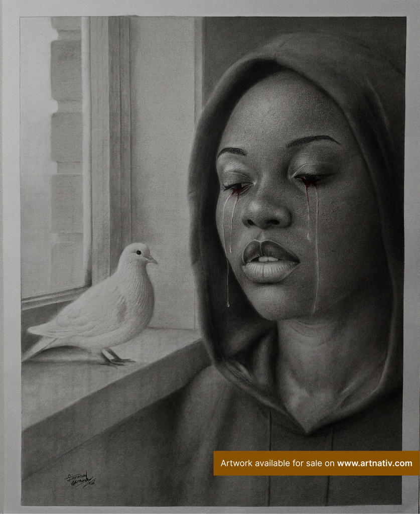 Detailed monochrome portrait of a Black woman wearing a hood, with tears running down her face and a white bird visible in the background.