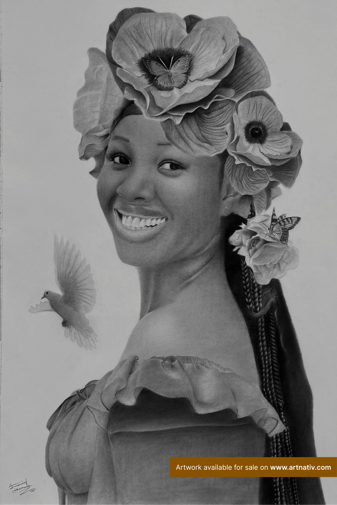 Detailed monochrome portrait of a smiling Black woman wearing large flowers in her hair, with a bird depicted beside her.