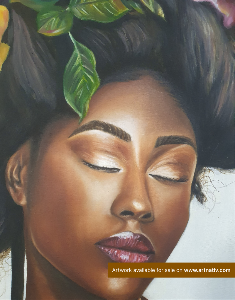 Portrait of a Black woman with closed eyes, surrounded by green leaves, rendered in soft, muted tones.