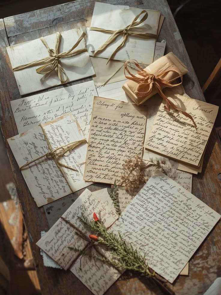 A collection of handwritten letters and notes arranged on a rustic wooden table, with several small paper-wrapped gifts tied with natural twine and ribbon.