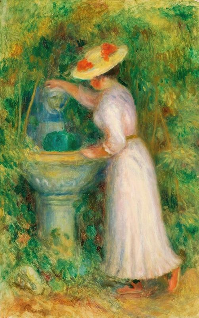Renoir painting of a young woman in a white dress and wide-brimmed hat standing beside a stone fountain in a green garden.