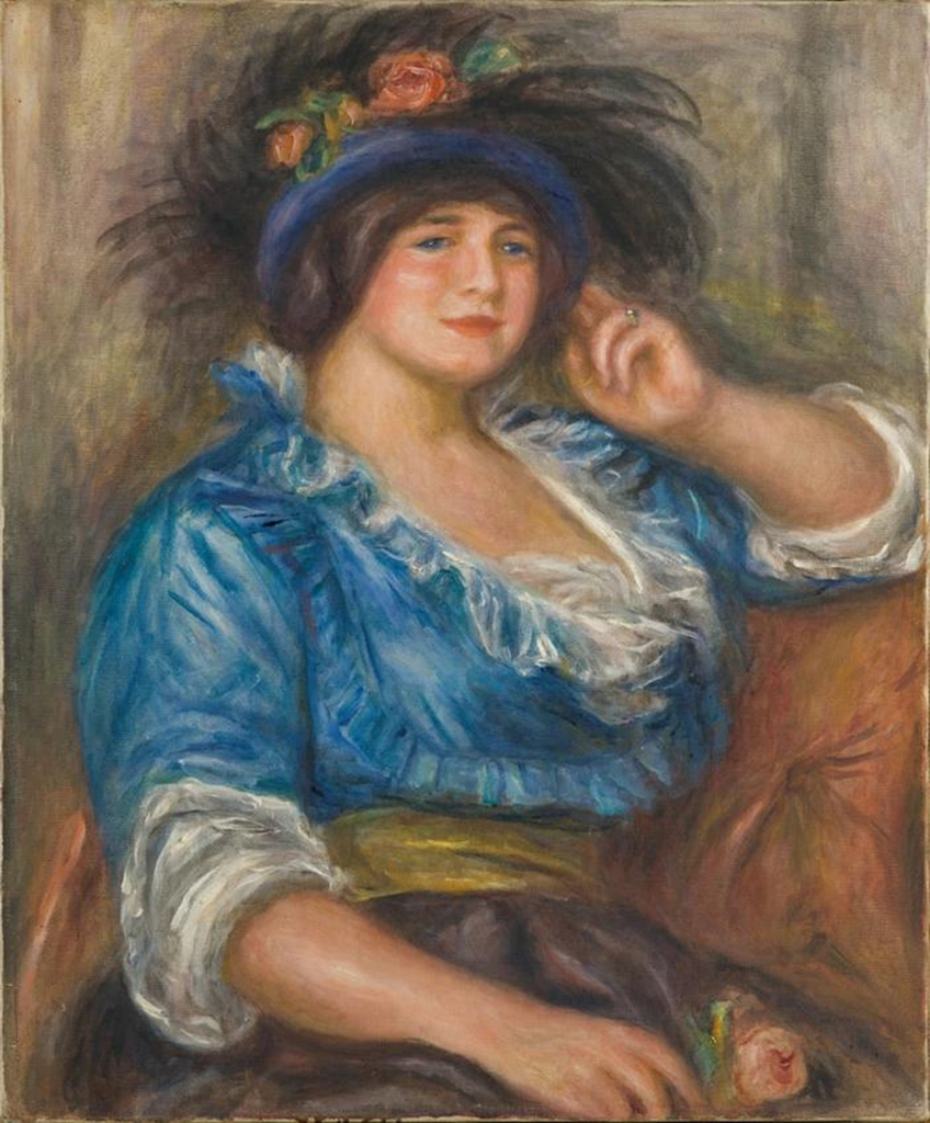 Renoir portrait of a woman wearing a blue dress and large blue hat, seated against a dark background.