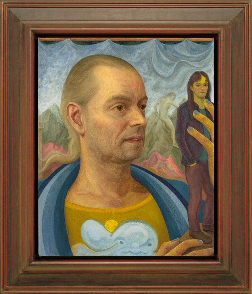 Framed portrait painting of a man in a blue jacket and yellow shirt, with a second figure and mountainous landscape in the background.