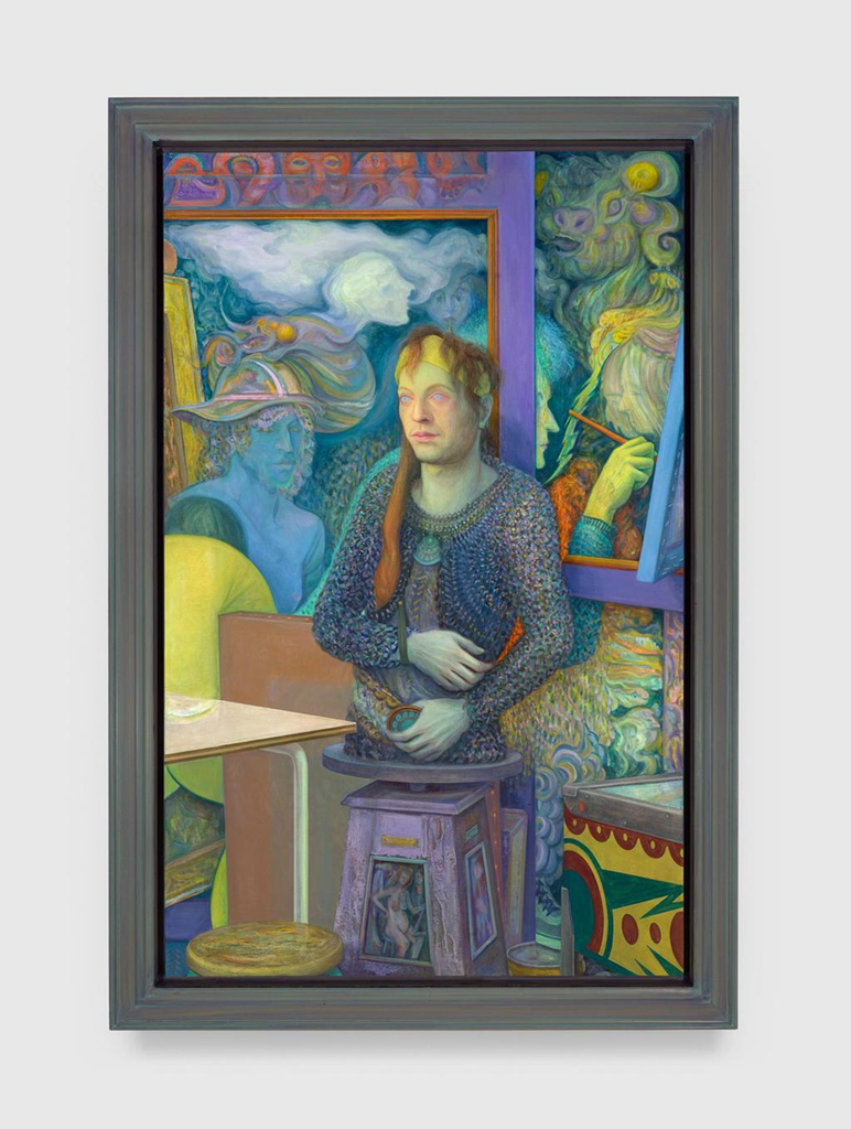 Framed painting of a seated woman surrounded by colourful, dreamlike figures and patterns.